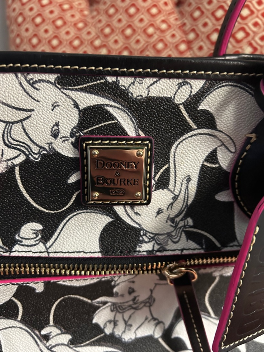 Dooney & Bourke Black & White Dumbo Print Tote with Pink Trim - Picture 3 of 4